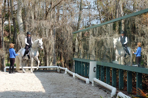 Riding in front of a large mirror.